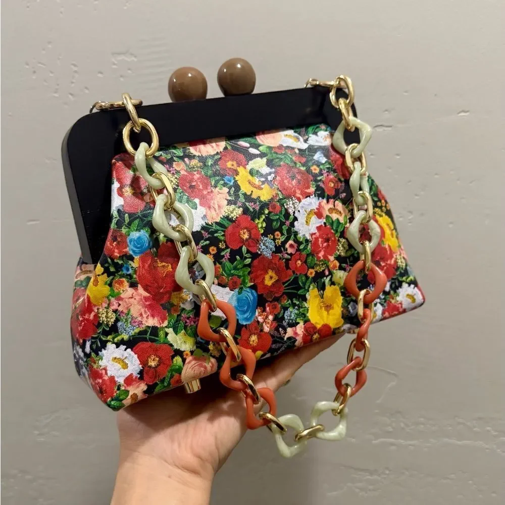 Floral Print Cowhide Leather Handmade Wooden Frame Clutch Bag/Crossbody